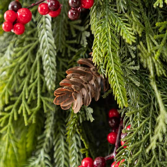 Glitzhome® 31.5" Christmas Greenery PE Dripping Teardrop with Pinecones and Red Berries,Set of 2